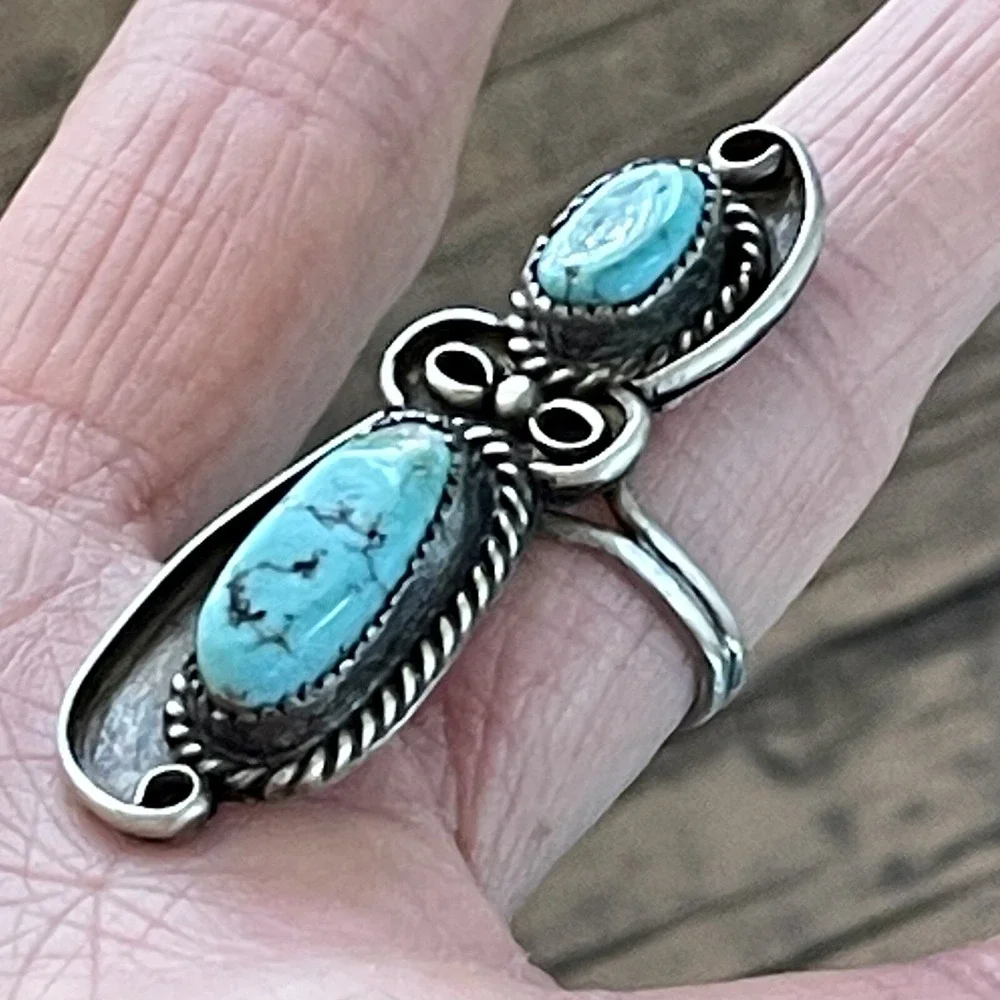Long Navajo Nugget Turquoise Ring Sz 8 Signed Sterling‎ 8.6g VTG Mid Century 60s